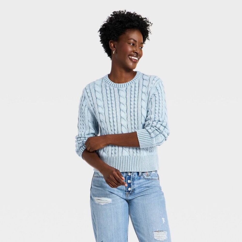 Universal Thread - Women's Western Cable Crewneck Pullover Sweater -  Blue